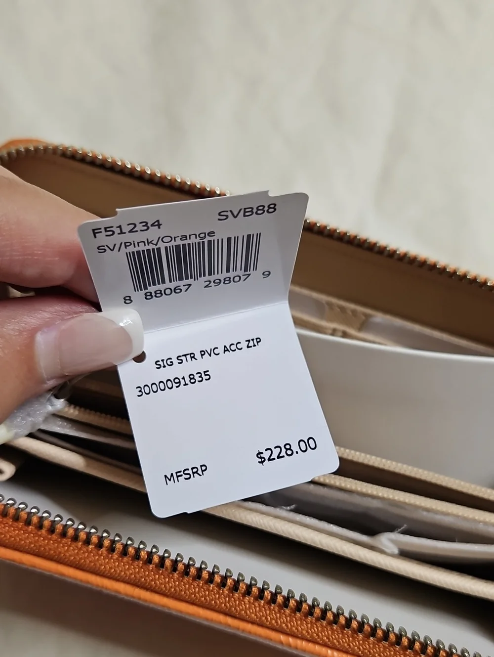 Coach Pink Signature Zip Wallet with Orange Trim
